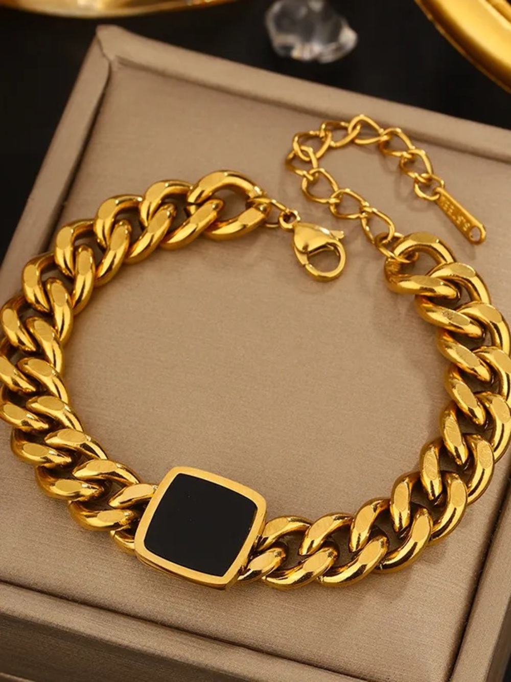 Gold Link Bracelet with Black Square Accent